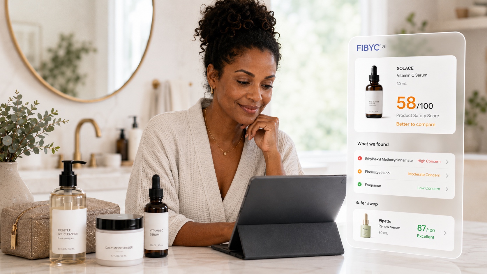 A shopper reviewing a vitamin C serum safety scan and safer swap with FIBYC.