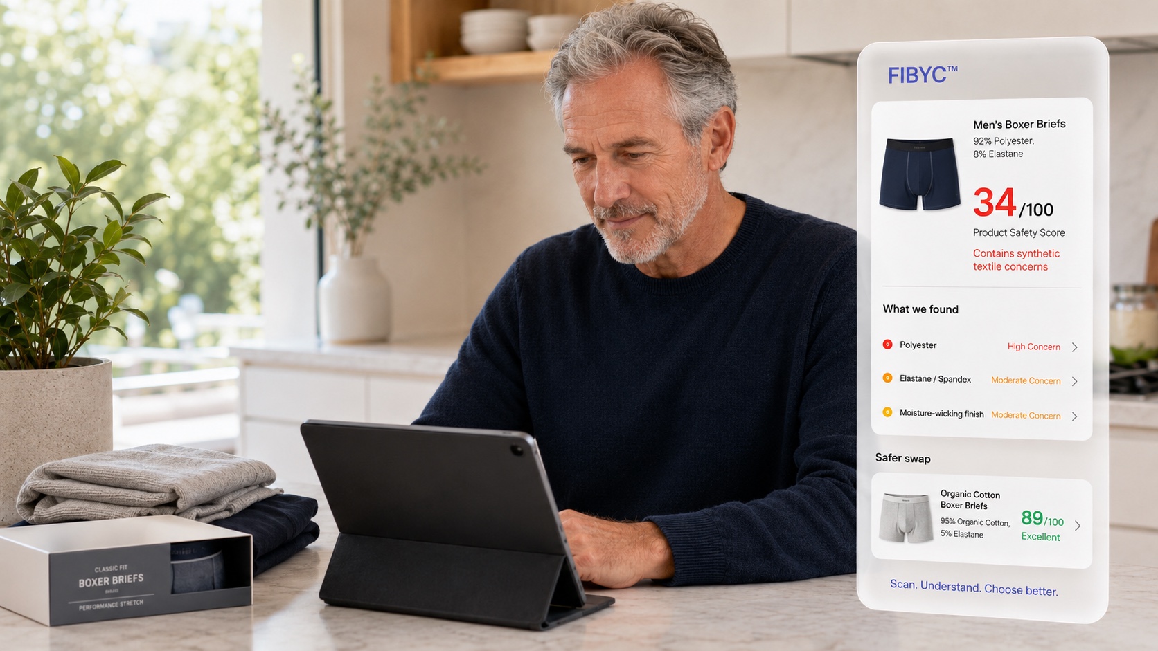 A shopper reviewing boxer brief textile safety concerns and an organic cotton safer swap with FIBYC.