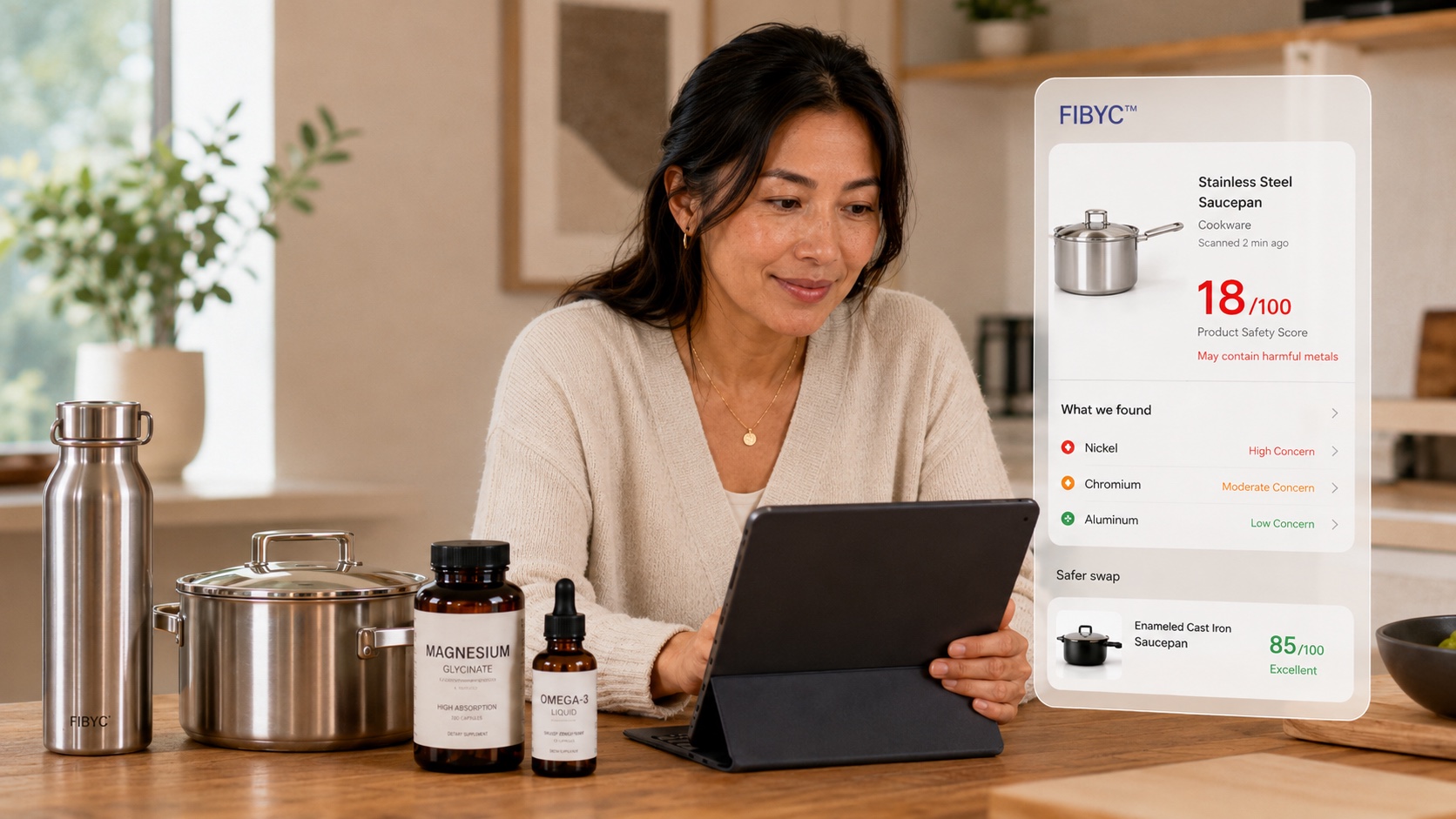 A shopper reviewing a stainless steel saucepan safety scan and safer swap with FIBYC.
