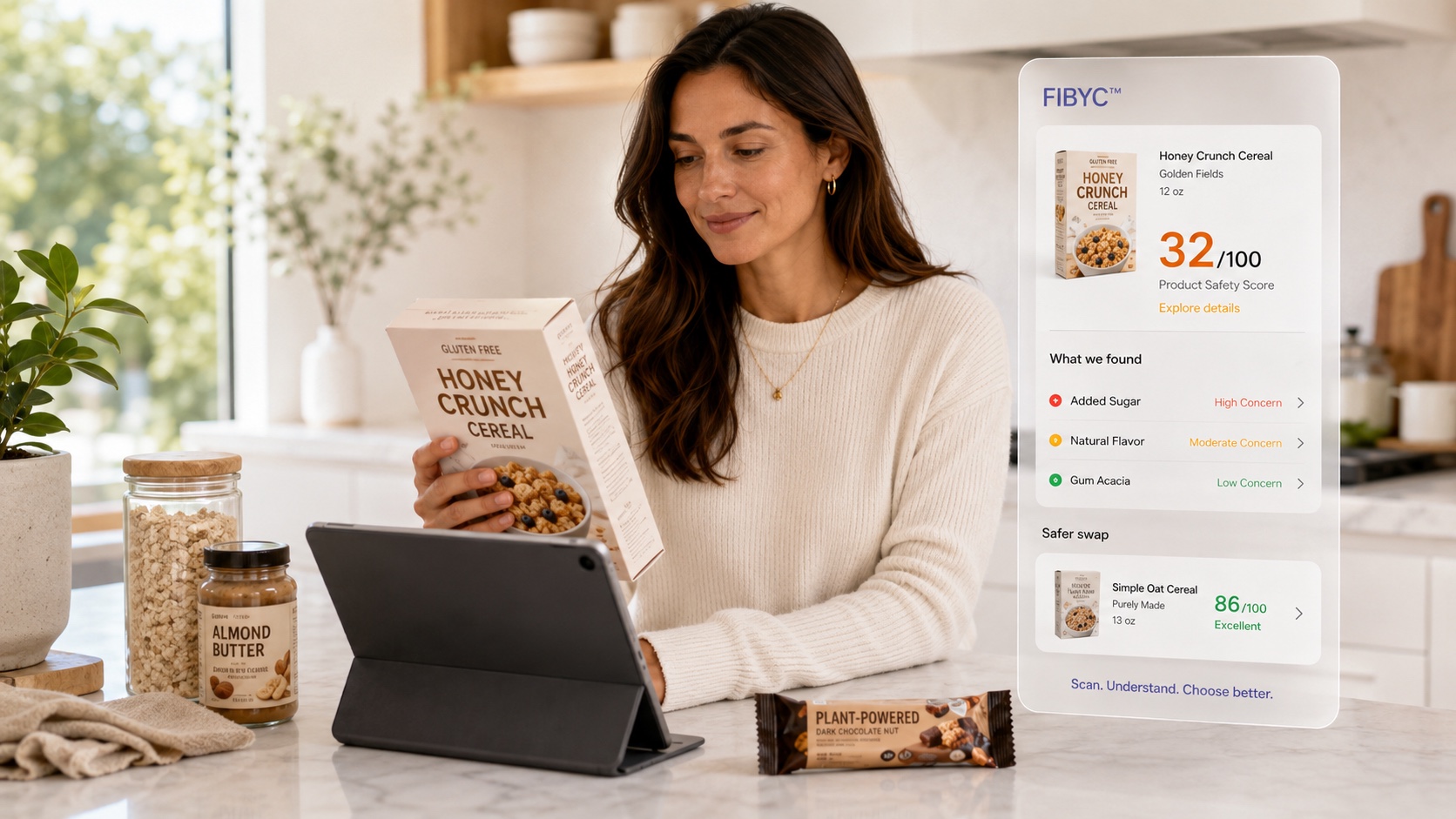 A shopper comparing cereal safety signals and safer swaps with FIBYC on a tablet.